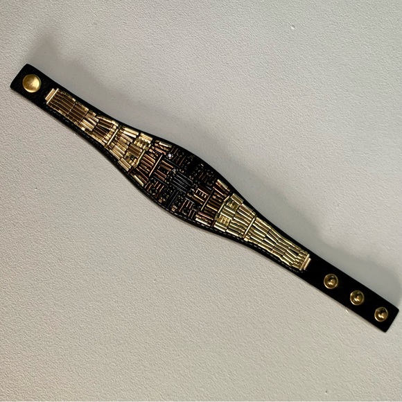 Hand beaded gold and leather adjustable bracelet - Picture 1 of 8